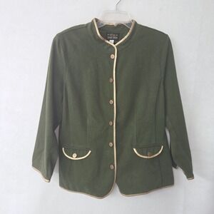Bob Mackie Smart Denim Jacket Women Large Olive Green Gold Trim Military A237609